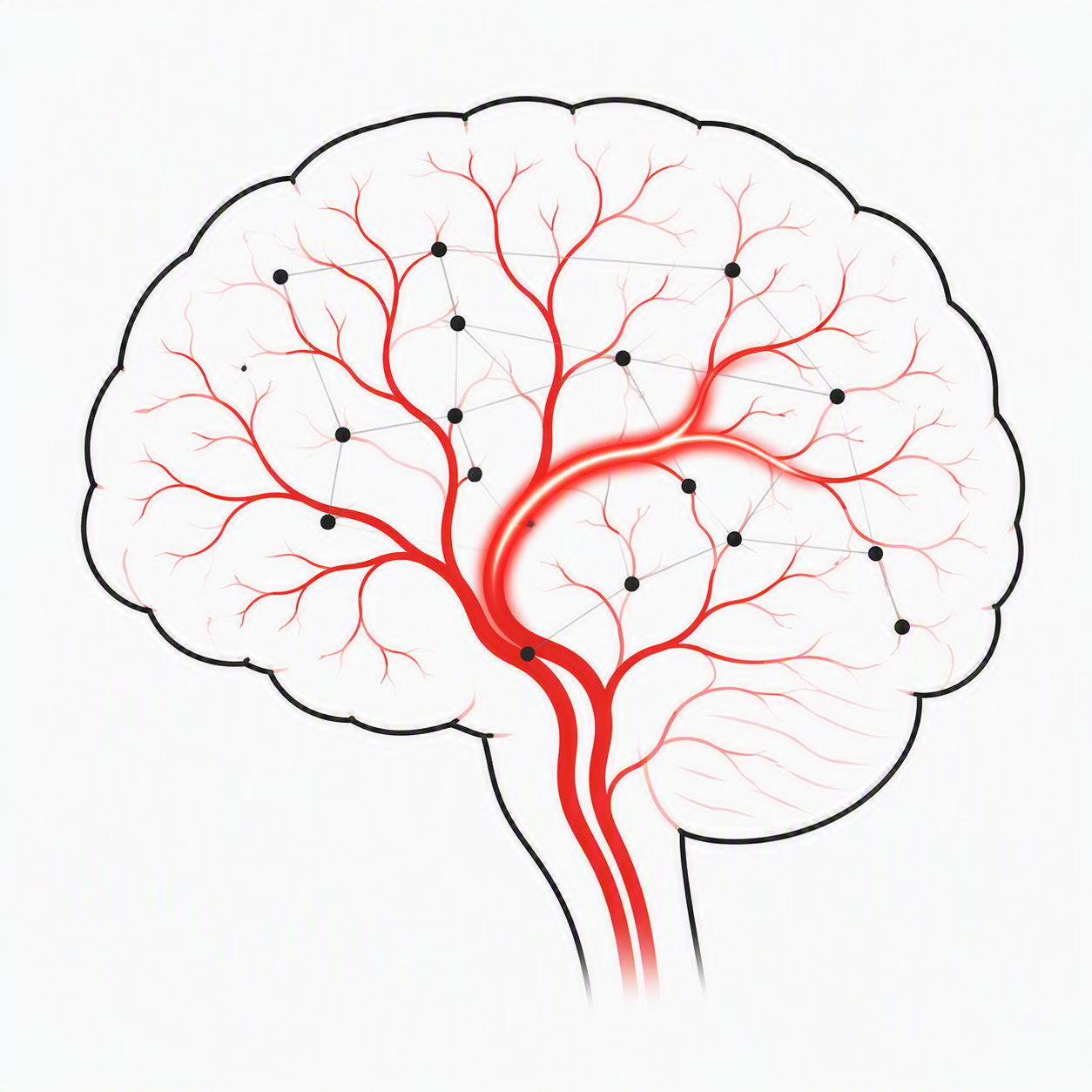 Illustration of cerebral arteries and neural network pathways in the brain